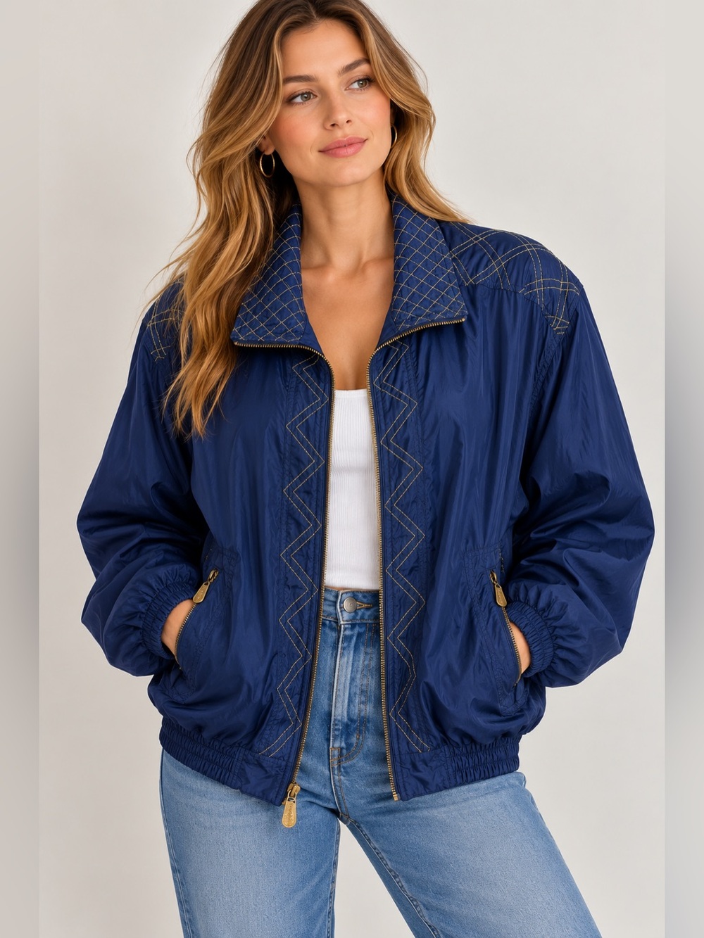 FUDA International Blue Silk Bomber Jacket Quilted Stitching XL Vintage 90s